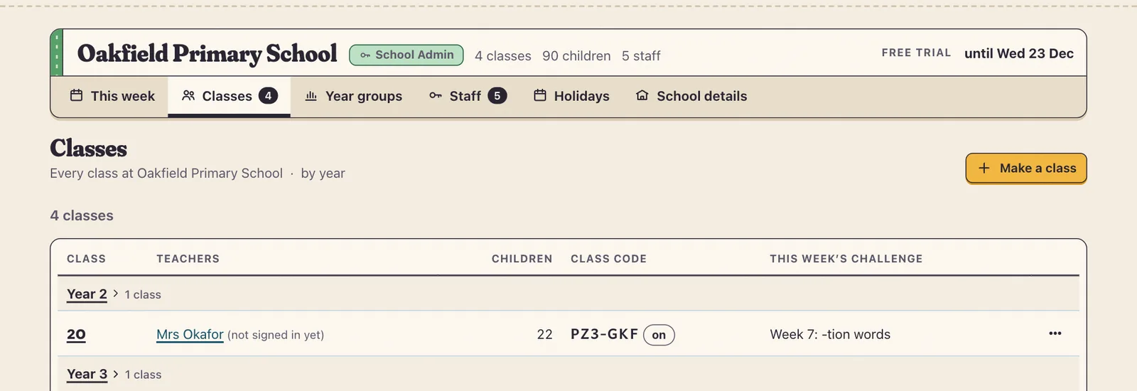 Every class, its teachers and its code.