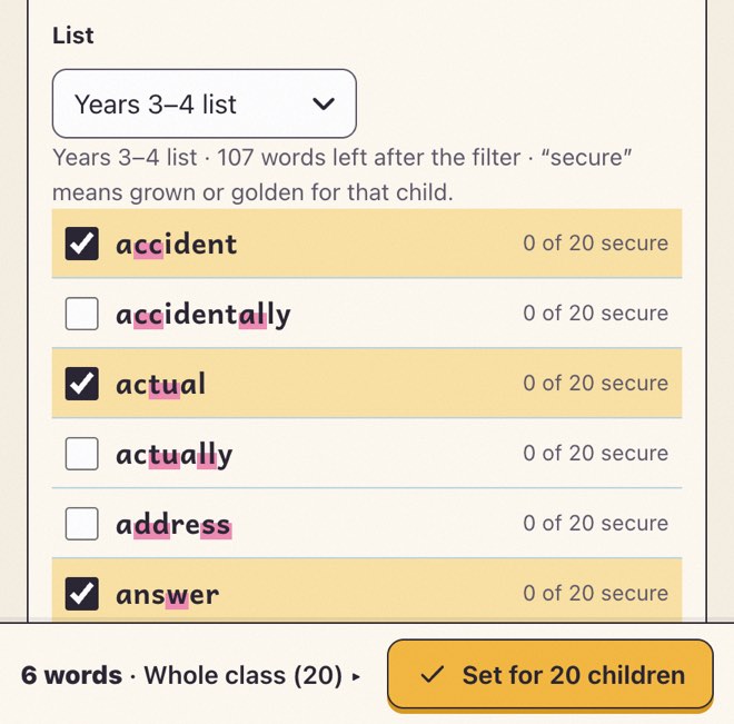 The teacher app choosing this week’s words: six words ticked from the Years 3 and 4 list, each showing how many of the 20 children have it secure, ready to set for the whole class.